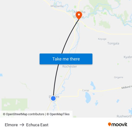 Elmore to Echuca East map