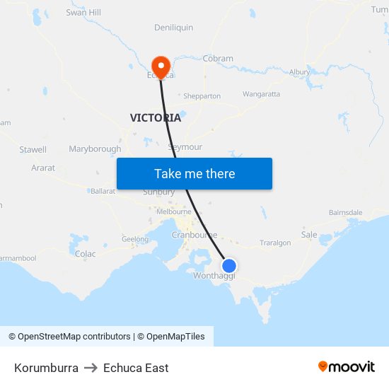 Korumburra to Echuca East map