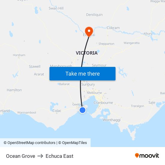 Ocean Grove to Echuca East map