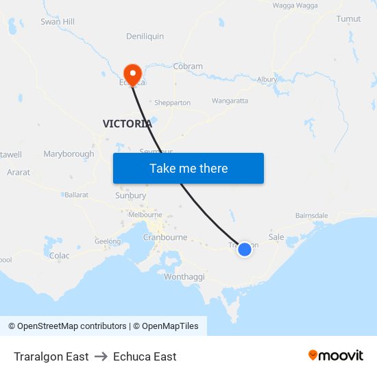 Traralgon East to Echuca East map
