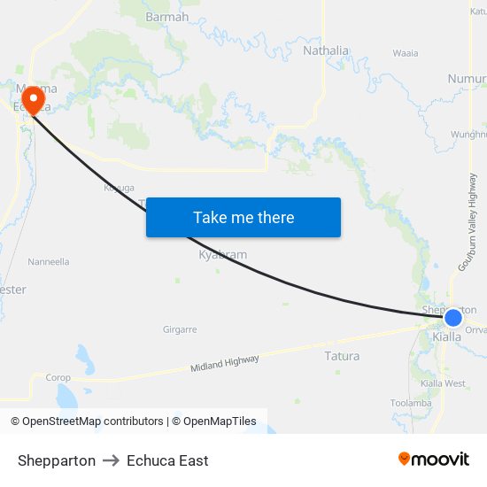 Shepparton to Echuca East map