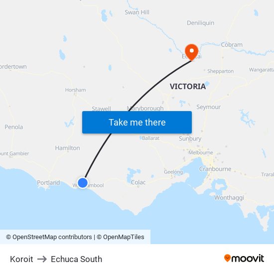 Koroit to Echuca South map