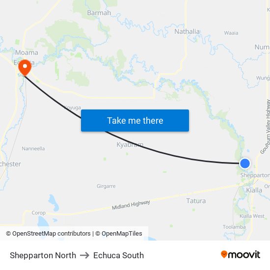 Shepparton North to Echuca South map