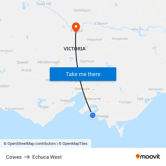 Cowes to Echuca West map