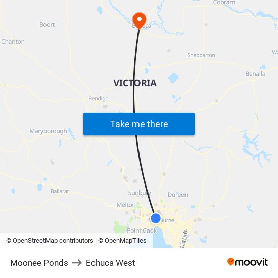 Moonee Ponds to Echuca West map