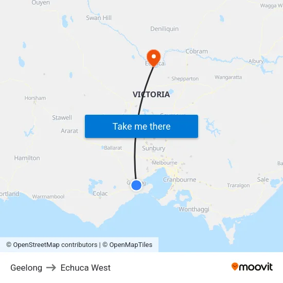 Geelong to Echuca West map