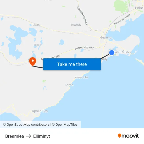 Breamlea to Elliminyt map