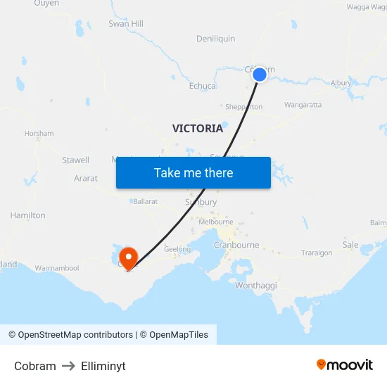 Cobram to Elliminyt map