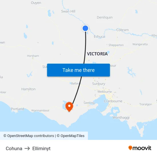 Cohuna to Elliminyt map