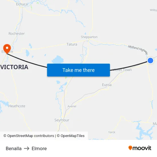 Benalla to Elmore map