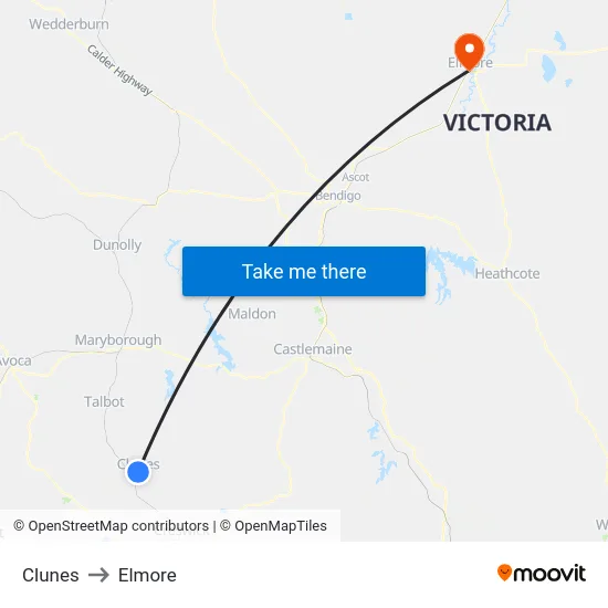 Clunes to Elmore map