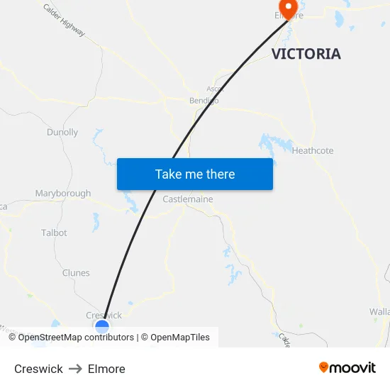 Creswick to Elmore map