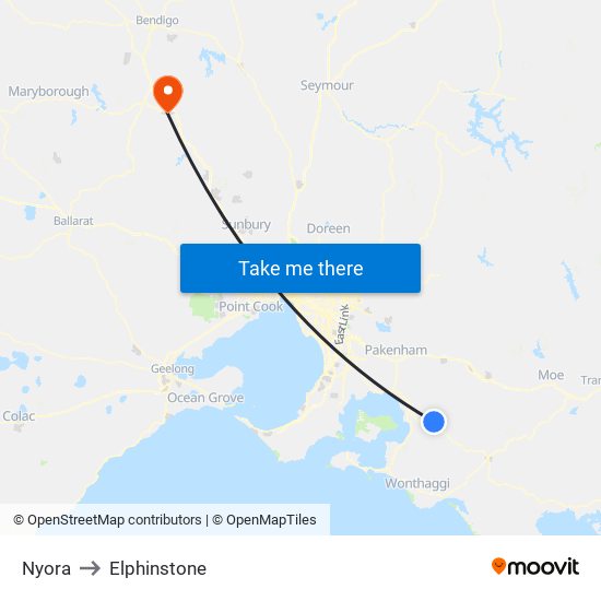 Nyora to Elphinstone map