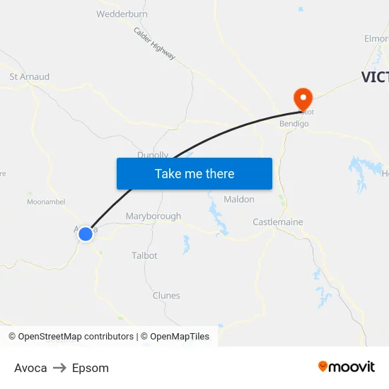 Avoca to Epsom map