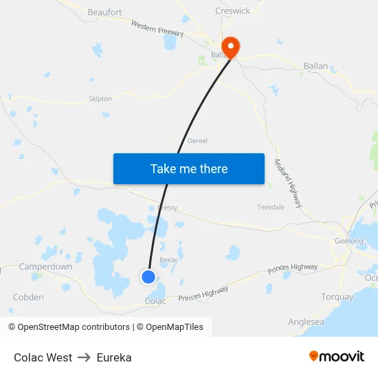 Colac West to Eureka map