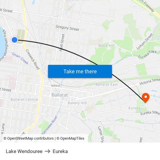 Lake Wendouree to Eureka map