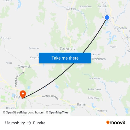 Malmsbury to Eureka map