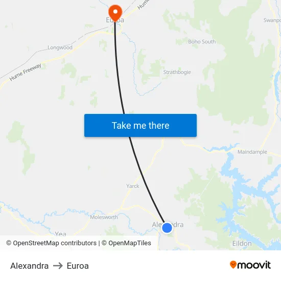 Alexandra to Euroa map