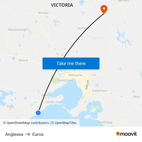 Anglesea to Euroa map