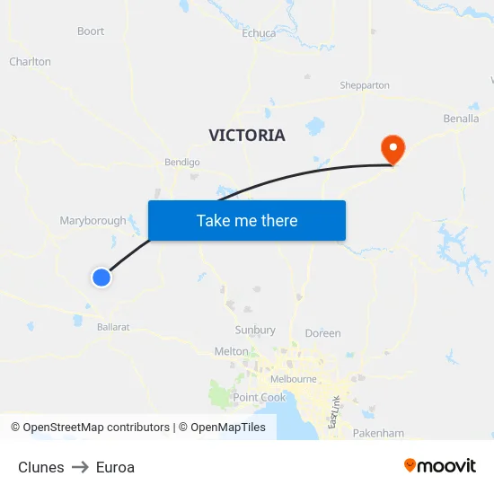 Clunes to Euroa map