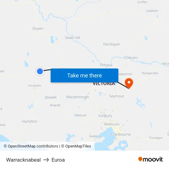 Warracknabeal to Euroa map