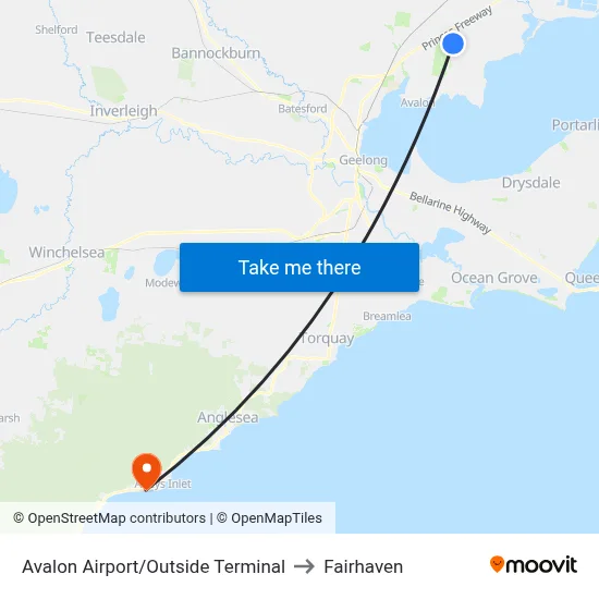 Avalon Airport/Outside Terminal to Fairhaven map