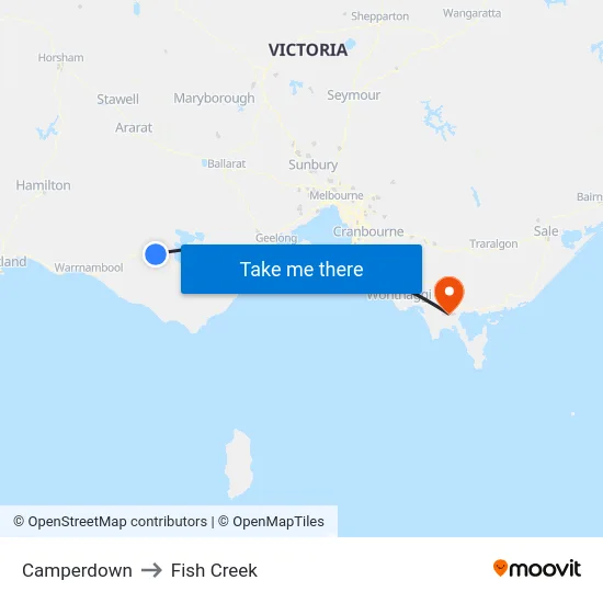 Camperdown to Fish Creek map
