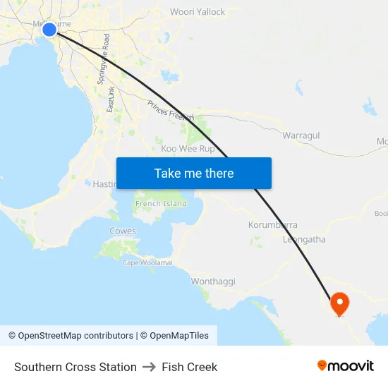Southern Cross Station to Fish Creek map