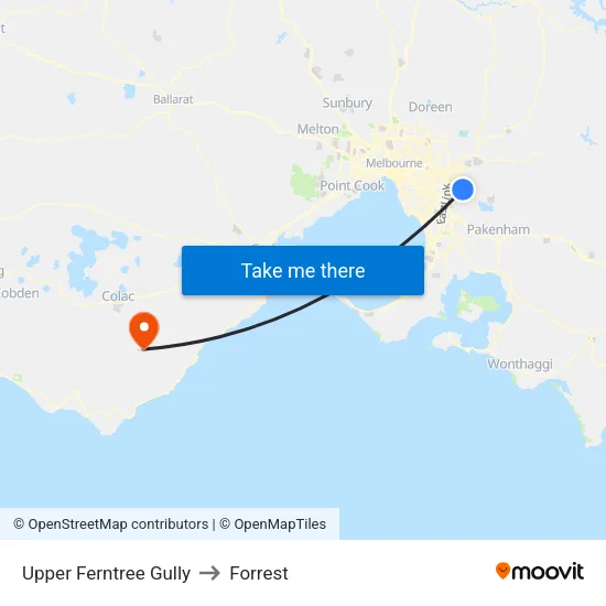 Upper Ferntree Gully to Forrest map