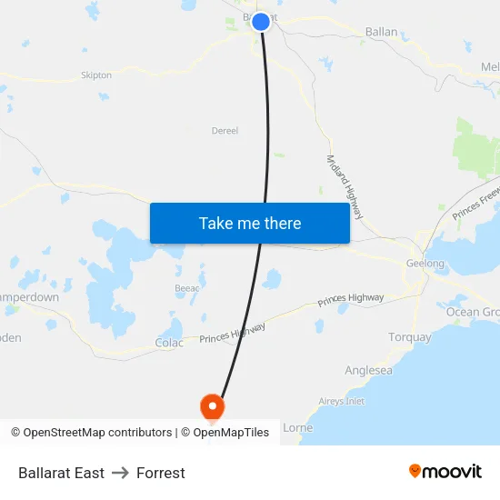 Ballarat East to Forrest map