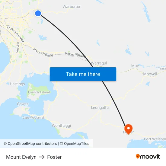 Mount Evelyn to Foster map