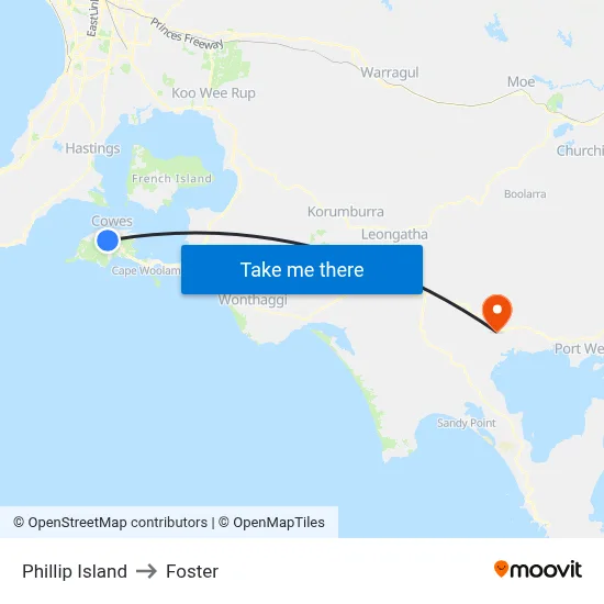 Phillip Island to Foster map
