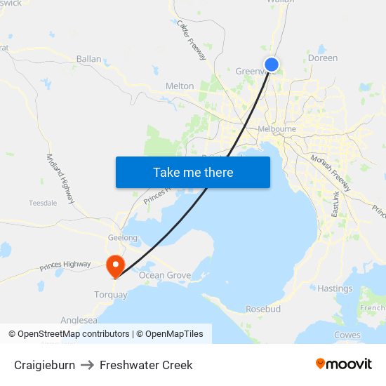 Craigieburn to Freshwater Creek map