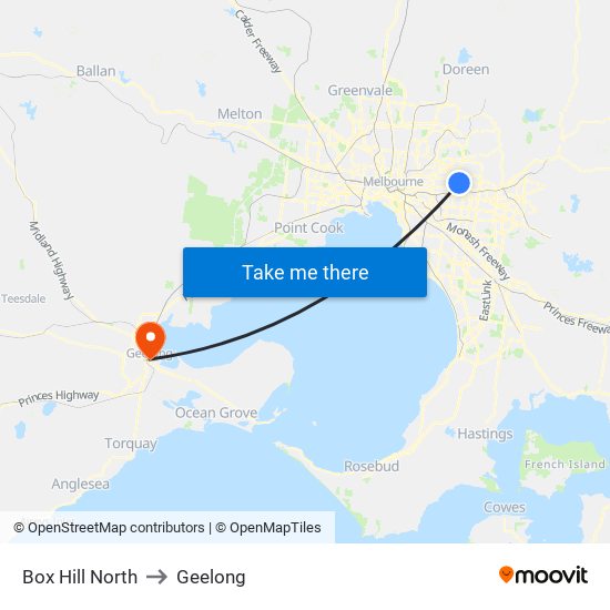 Box Hill North to Geelong map