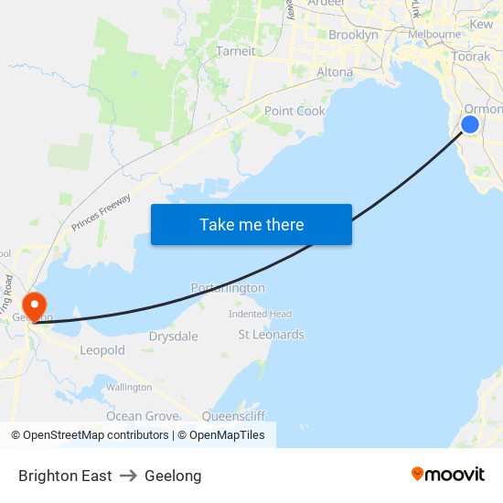 Brighton East to Geelong map