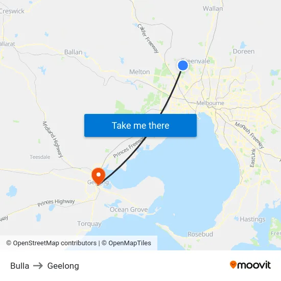 Bulla to Geelong map