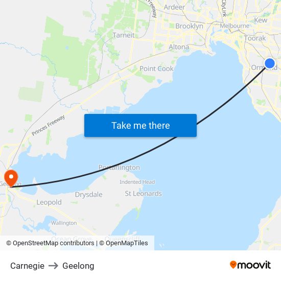 Carnegie to Geelong map