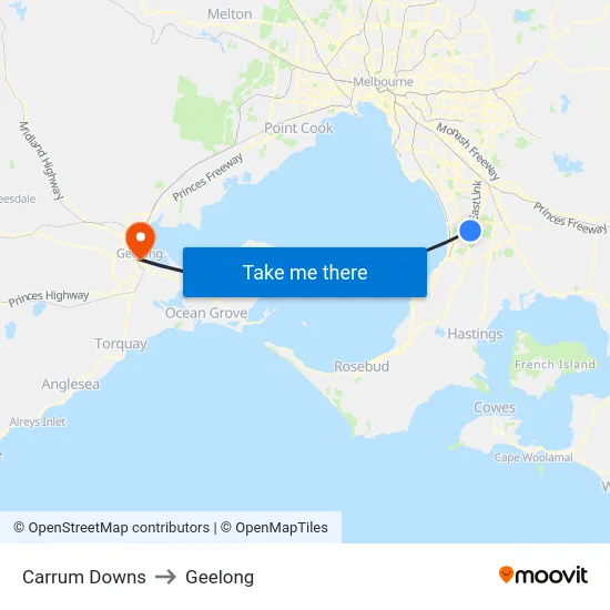Carrum Downs to Geelong map