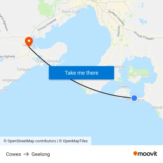 Cowes to Geelong map
