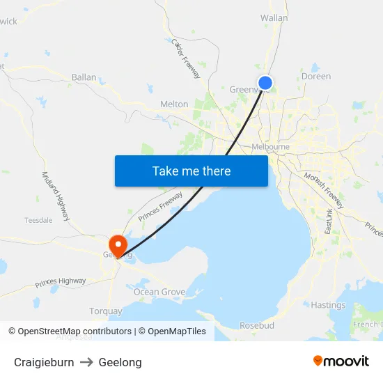 Craigieburn to Geelong map