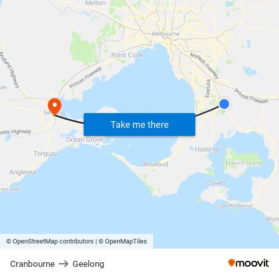 Cranbourne to Geelong map