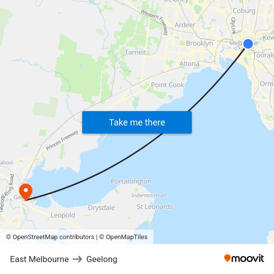 East Melbourne to Geelong map