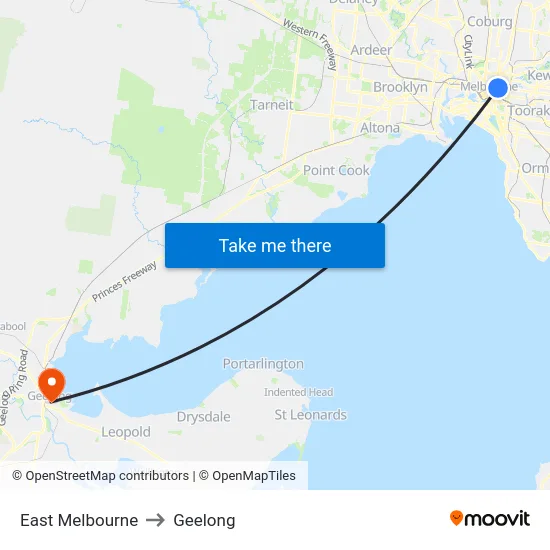 East Melbourne to Geelong map