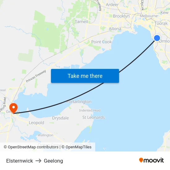 Elsternwick to Geelong map