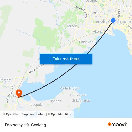 Footscray to Geelong map