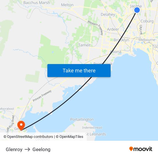 Glenroy to Geelong map