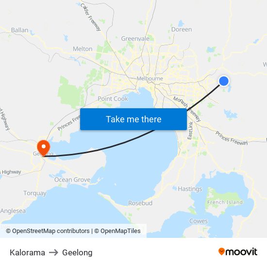Kalorama to Geelong map