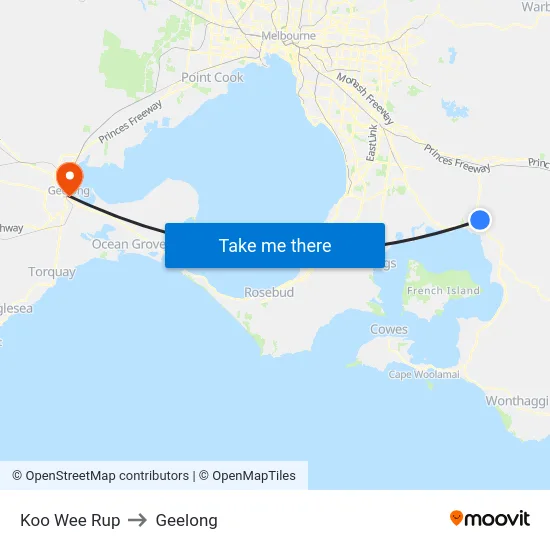 Koo Wee Rup to Geelong map