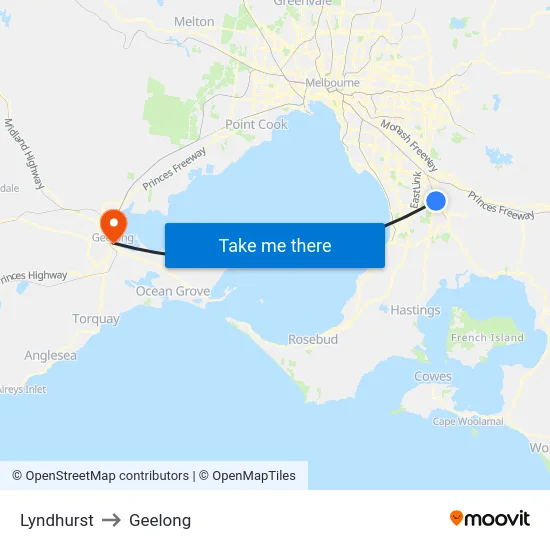 Lyndhurst to Geelong map