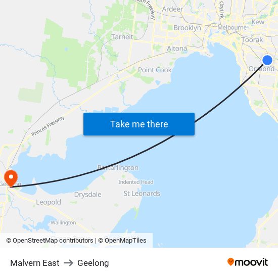 Malvern East to Geelong map